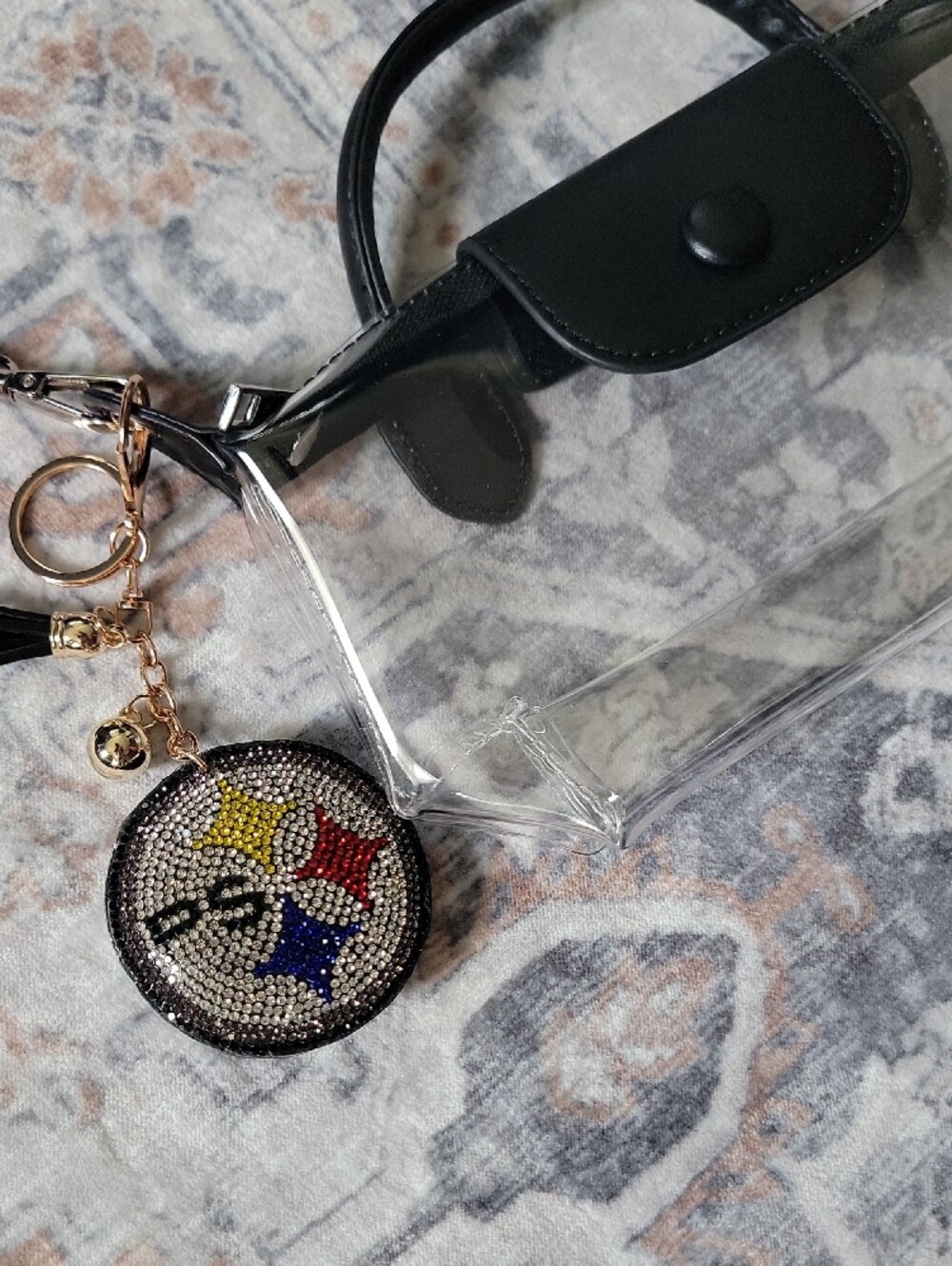 Go STEELERS !! Crystal Studded Round Keychain Purse Charm with Colored Stars - Picture 4 of 5